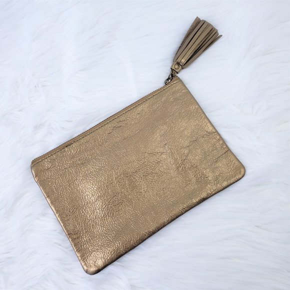 POTTERY BARN 100% Leather Gold Tassel Clutch Bag - Picture 3 of 7